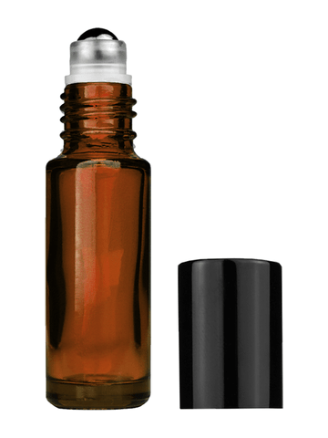 Cylinder design 5ml, 1/6oz Amber glass bottle with metal roller ball plug and black shiny cap.