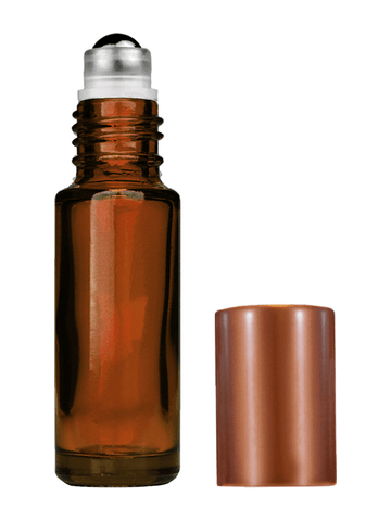 Cylinder design 5ml, 1/6oz Amber glass bottle with metal roller ball plug and matte copper cap.
