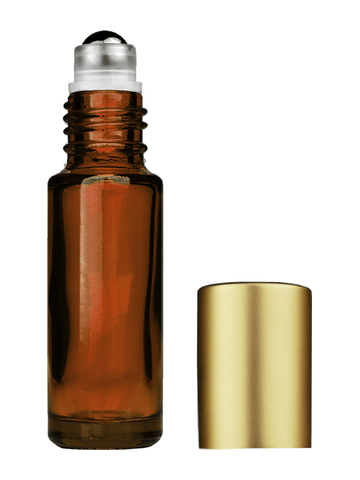 Cylinder design 5ml, 1/6oz Amber glass bottle with metal roller ball plug and matte gold cap.