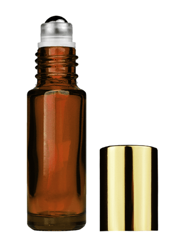 Cylinder design 5ml, 1/6oz Amber glass bottle with metal roller ball plug and shiny gold cap.