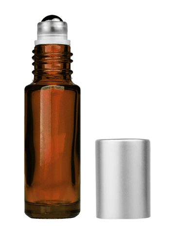 Cylinder design 5ml, 1/6oz Amber glass bottle with metal roller ball plug and matte silver cap.