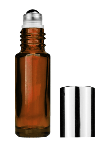 Cylinder design 5ml, 1/6oz Amber glass bottle with metal roller ball plug and shiny silver cap.