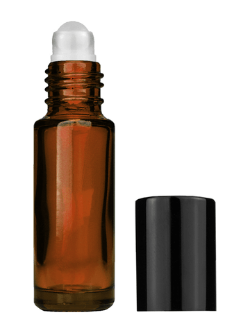 Cylinder design 5ml, 1/6oz Amber glass bottle with roller ball plug and black shiny cap.