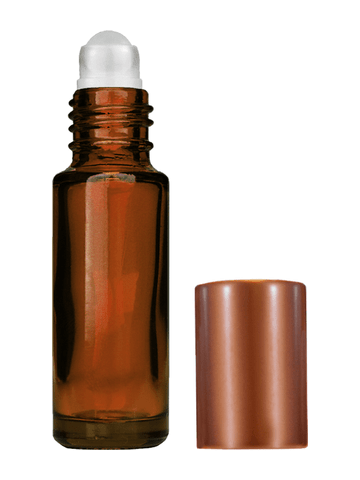 Cylinder design 5ml, 1/6oz Amber glass bottle with plastic roller ball plug and matte copper cap.