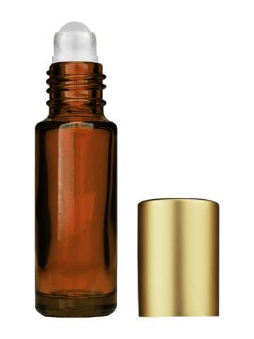 Cylinder design 5ml, 1/6oz Amber glass bottle with plastic roller ball plug and matte gold cap.