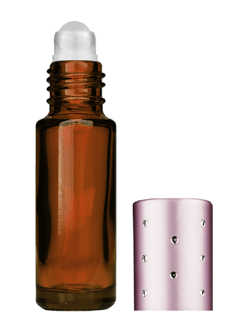 Cylinder design 5ml, 1/6oz Amber glass bottle with plastic roller ball plug and pink cap with dots.
