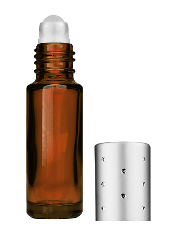 Cylinder design 5ml, 1/6oz Amber glass bottle with plastic roller ball plug and silver cap with dots.