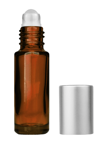 Cylinder design 5ml, 1/6oz Amber glass bottle with plastic roller ball plug and matte silver cap.