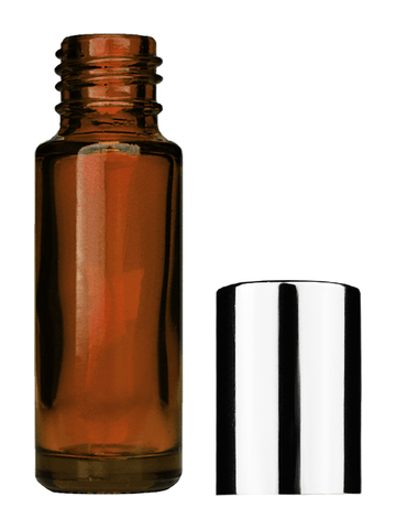 Cylinder design 5ml, 1/6oz Amber glass bottle with shiny silver cap.