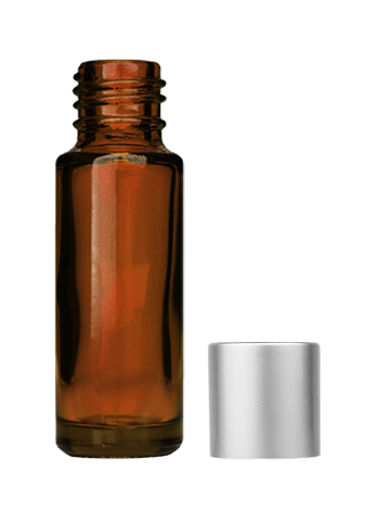 Empty Amber glass bottle with short matte silver cap capacity: 5ml, 1/6oz. For use with perfume or fragrance oil, essential oils, aromatic oils and aromatherapy.