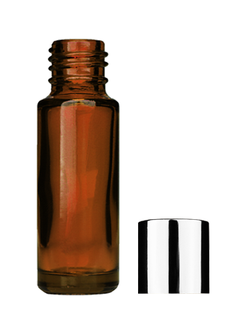 Empty Amber glass bottle with short shiny silver cap capacity: 5ml, 1/6oz. For use with perfume or fragrance oil, essential oils, aromatic oils and aromatherapy.