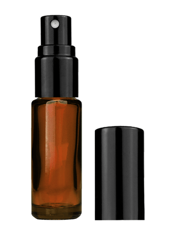 Cylinder design 5ml, 1/6oz Amber glass bottle with shiny black spray.