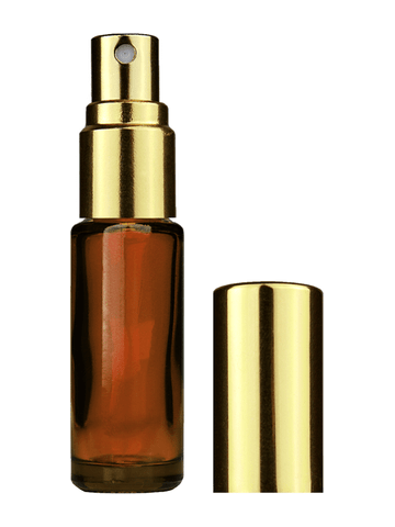 Cylinder design 5ml, 1/6oz Amber glass bottle with shiny gold spray.