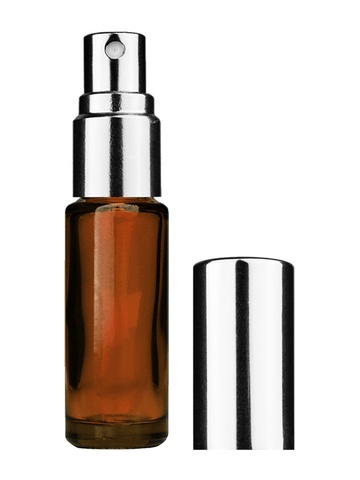 Cylinder design 5ml, 1/6oz Amber glass bottle with shiny silver spray.