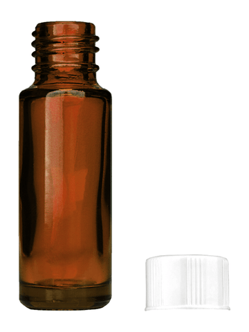 Cylinder design 5ml, 1/6oz Amber glass bottle with short white cap.