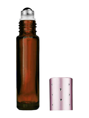 Cylinder design 9ml,1/3 oz amber glass bottle with metal roller ball plug and pink dot cap.