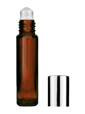 Cylinder design 9ml,1/3 oz amber glass bottle with plastic roller ball plug and shiny silver cap.