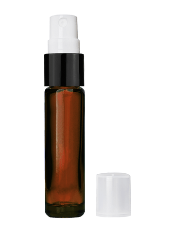 Cylinder design 9ml,1/3 oz amber glass bottle with fine mist sprayer with black trim and plastic overcap.