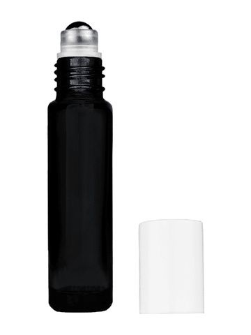 Cylinder design 9ml,1/3 oz black glass bottle with metal roller ball plug and white cap.