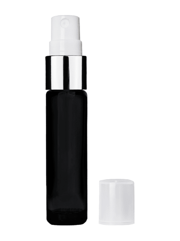 Cylinder design 9ml,1/3 oz black glass bottle with fine mist sprayer with shiny silver trim and plastic overcap.