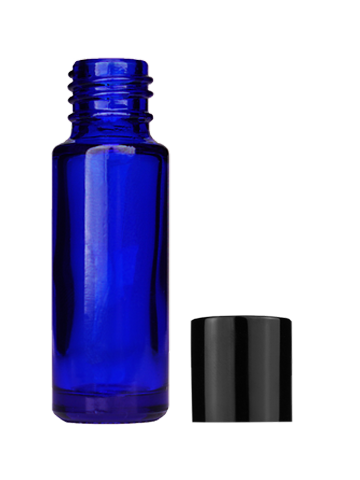 Empty Blue glass bottle with short shiny black cap capacity: 5ml, 1/6oz. For use with perfume or fragrance oil, essential oils, aromatic oils and aromatherapy.