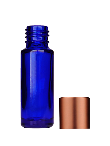 Empty Blue glass bottle with short matte copper cap capacity: 5ml, 1/6oz. For use with perfume or fragrance oil, essential oils, aromatic oils and aromatherapy.