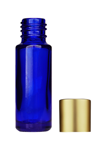 Empty Blue glass bottle with short matte gold cap capacity: 5ml, 1/6oz. For use with perfume or fragrance oil, essential oils, aromatic oils and aromatherapy.