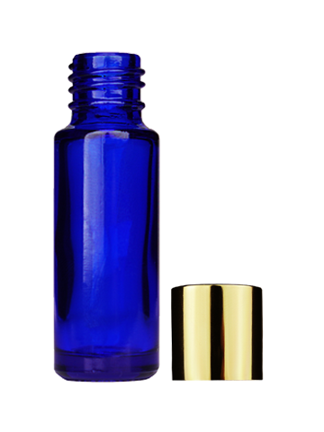 Empty Blue glass bottle with short shiny gold cap capacity: 5ml, 1/6oz. For use with perfume or fragrance oil, essential oils, aromatic oils and aromatherapy.