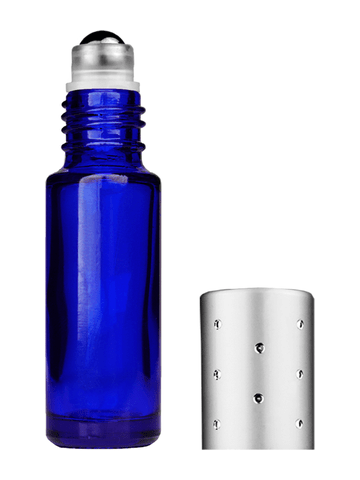 Cylinder design 5ml, 1/6oz Blue glass bottle with metal roller ball plug and silver cap with dots.