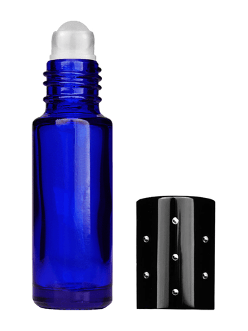 Cylinder design 5ml, 1/6oz Blue glass bottle with plastic roller ball plug and black shiny cap with dots.