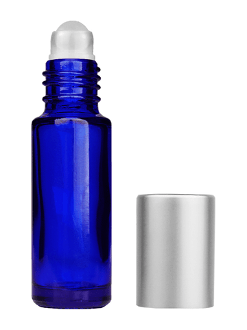 Cylinder design 5ml, 1/6oz Blue glass bottle with plastic roller ball plug and matte silver cap.
