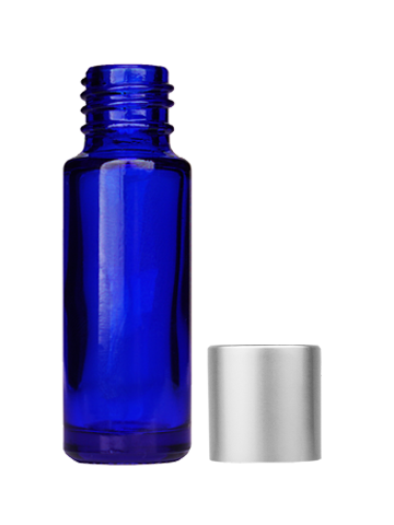 Empty Blue glass bottle with short matte silver cap capacity: 5ml, 1/6oz. For use with perfume or fragrance oil, essential oils, aromatic oils and aromatherapy.