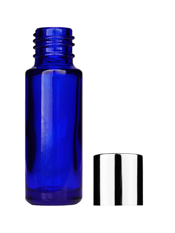 Empty Blue glass bottle with short shiny silver cap capacity: 5ml, 1/6oz. For use with perfume or fragrance oil, essential oils, aromatic oils and aromatherapy.