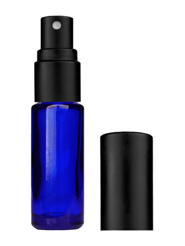 Cylinder design 5ml, 1/6oz Blue glass bottle with matte black spray.