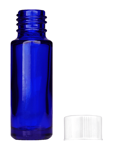 Cylinder design 5ml, 1/6oz Blue glass bottle with short white cap.