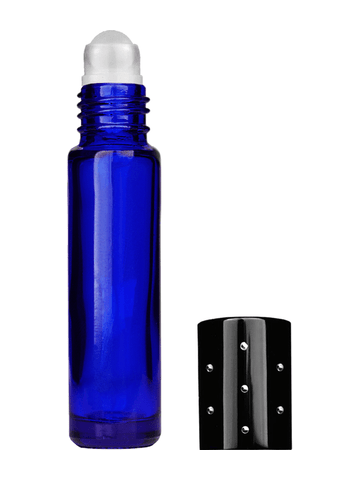 Cylinder design 9ml,1/3 oz Cobalt blue glass bottle with plastic roller ball plug and black dot cap.