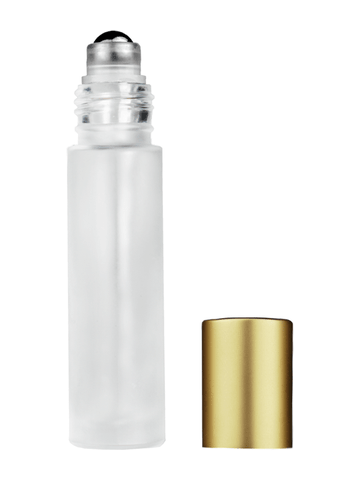 Cylinder design 9ml,1/3 oz frosted glass bottle with metal roller ball plug and matte gold cap.