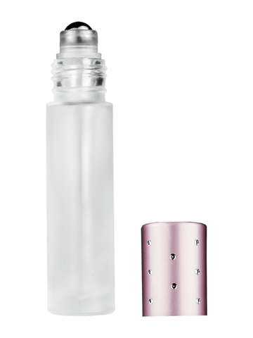 Cylinder design 9ml,1/3 oz frosted glass bottle with metal roller ball plug and pink dot cap.