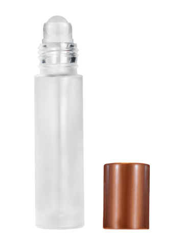 Cylinder design 9ml,1/3 oz frosted glass bottle with plastic roller ball plug and matte copper cap.