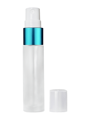 Cylinder design 9ml,1/3 oz frosted glass bottle with fine mist sprayer with turquoise trim and plastic overcap.