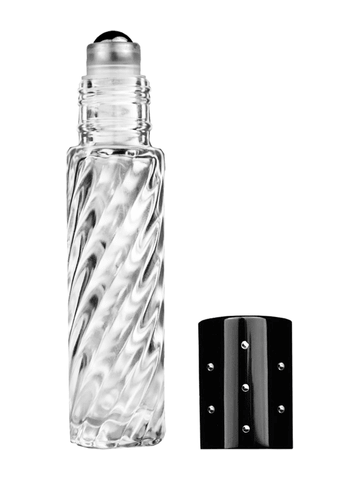 Cylinder swirl design 9ml,1/3 oz glass bottle with metal roller ball plug and black dot cap.