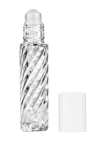 Cylinder swirl design 9ml,1/3 oz glass bottle with plastic roller ball plug and white cap.