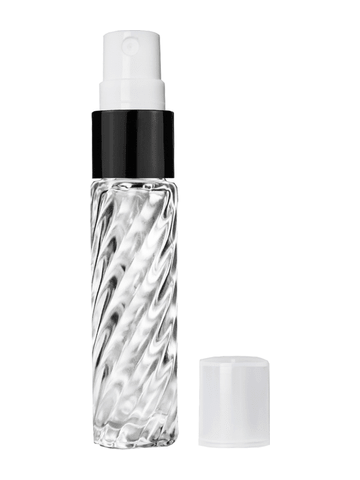 Cylinder swirl design 9ml,1/3 oz glass bottle with fine mist sprayer with black trim and plastic overcap.