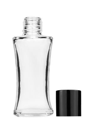 Empty Clear glass bottle with short shiny black cap capacity: 10ml, 1/3oz. For use with perfume or fragrance oil, essential oils, aromatic oils and aromatherapy.