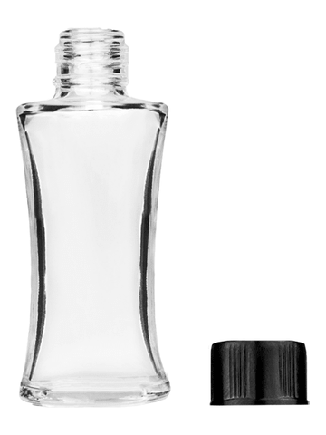 Daisy design 10ml, 1/3oz Clear glass bottle with short black cap.