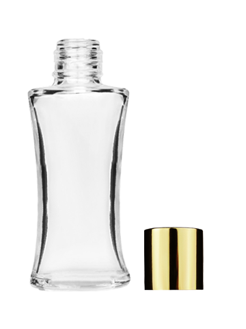 Empty Clear glass bottle with short shiny gold cap capacity: 10ml, 1/3oz. For use with perfume or fragrance oil, essential oils, aromatic oils and aromatherapy.