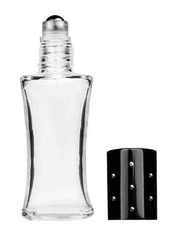 Daisy design 10ml, 1/3oz Clear glass bottle with metal roller ball plug and black shiny cap with dots.