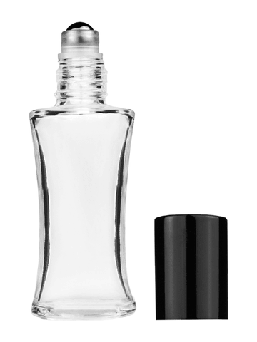 Daisy design 10ml, 1/3oz Clear glass bottle with metal roller ball plug and black shiny cap.