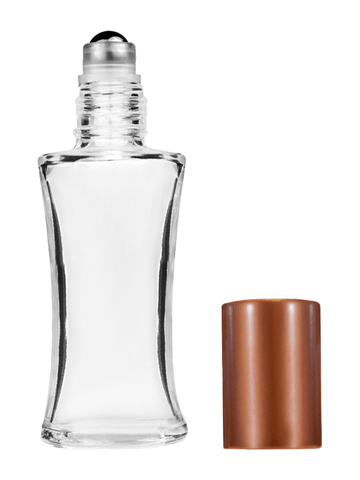 Daisy design 10ml, 1/3oz Clear glass bottle with metal roller ball plug and matte copper cap.