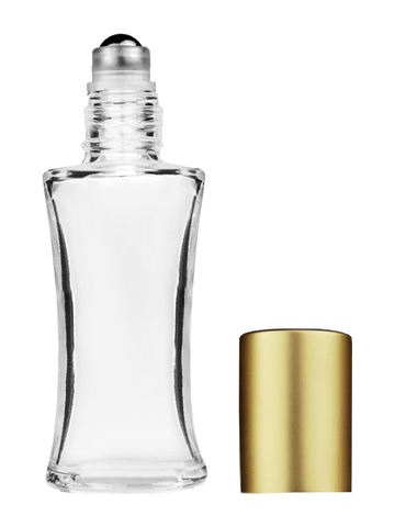 Daisy design 10ml, 1/3oz Clear glass bottle with metal roller ball plug and matte gold cap.